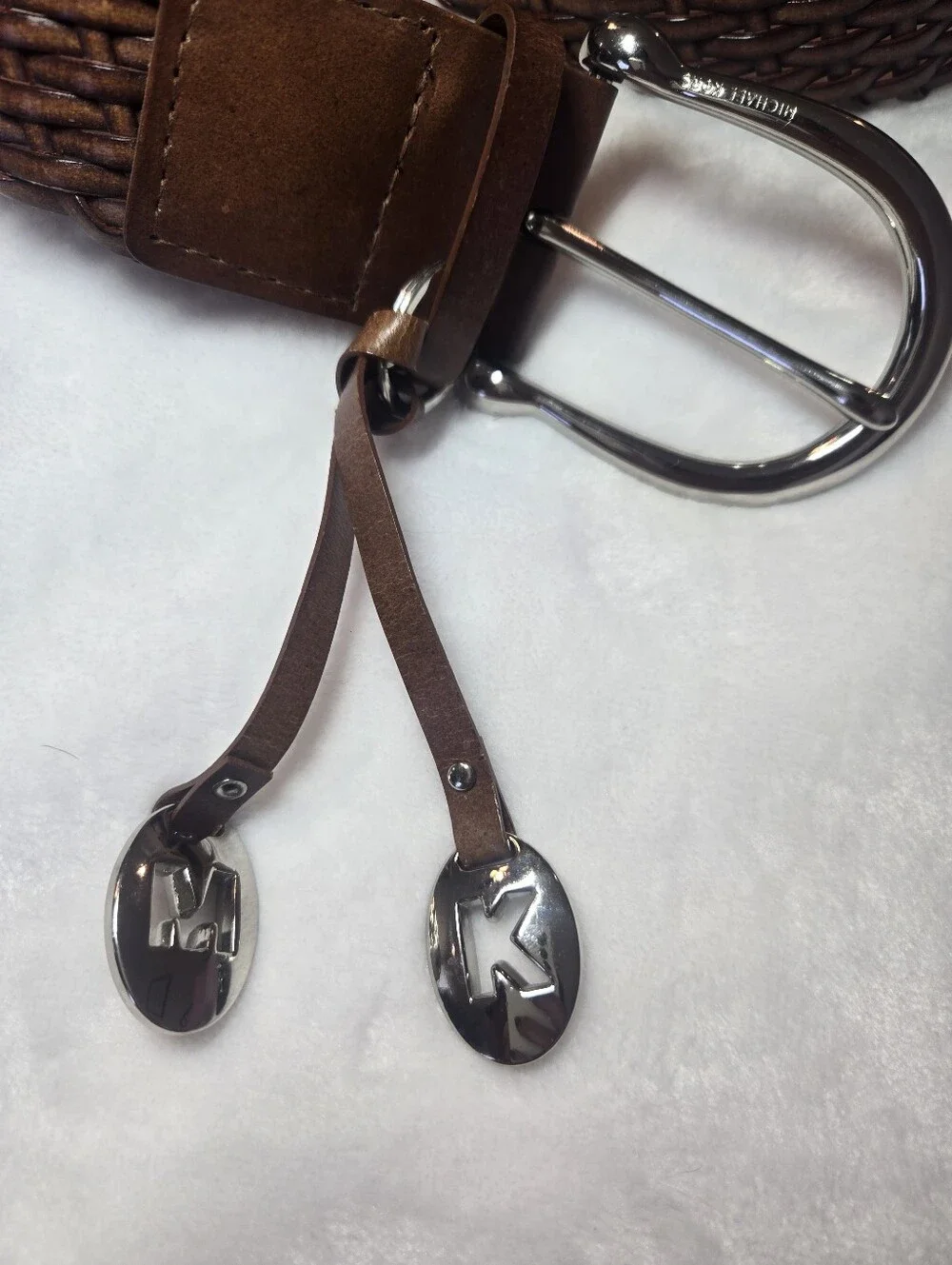 Michael Kors Brown Leather Braided Belt With Silver Charms Small